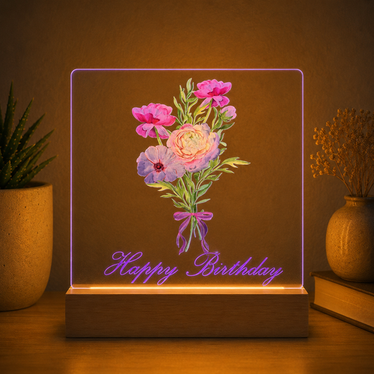 Gepersonaliseerde Happy Birthday Acryl LED-lamp met Bloemen – UV-Print