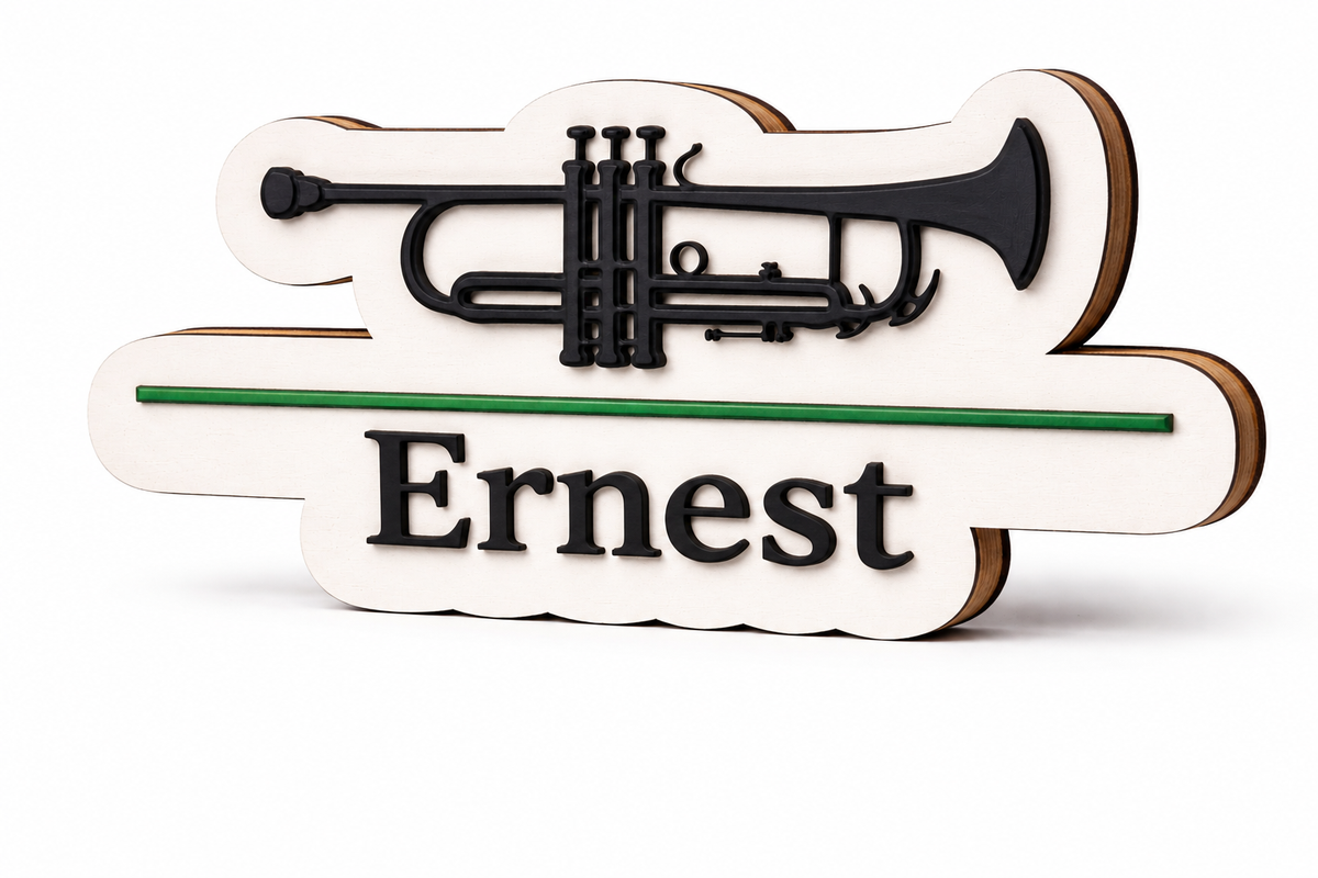 Gepersonaliseerd naamplaatje met naam en muziekinstrument (trompet)