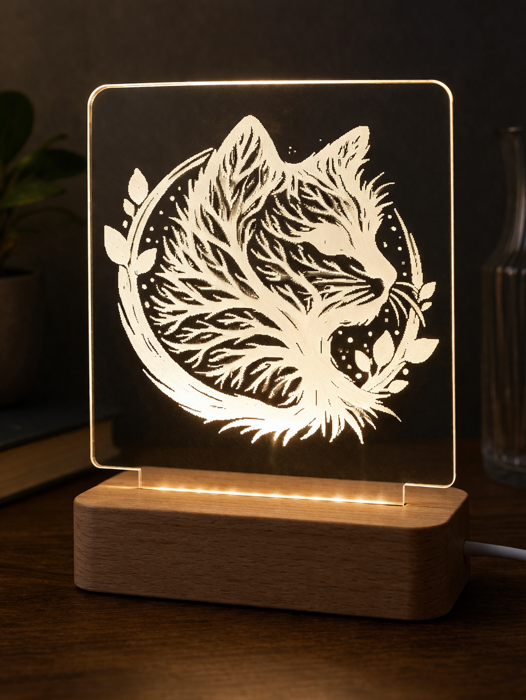 Gepersonaliseerde lasergegraveerde acryl LED-lamp - Kat- Huisdieren