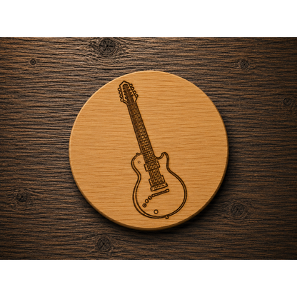 Ronde bamboe onderzetter met lasergravure van een elektrische gitaar, onderdeel van de set Muziek 2.