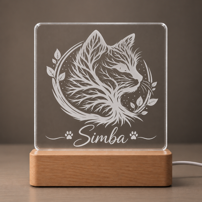 Gepersonaliseerde acryl LED-lamp met lasergegraveerde kattenafbeelding en eigen naam, ideaal voor kattenliefhebbers.