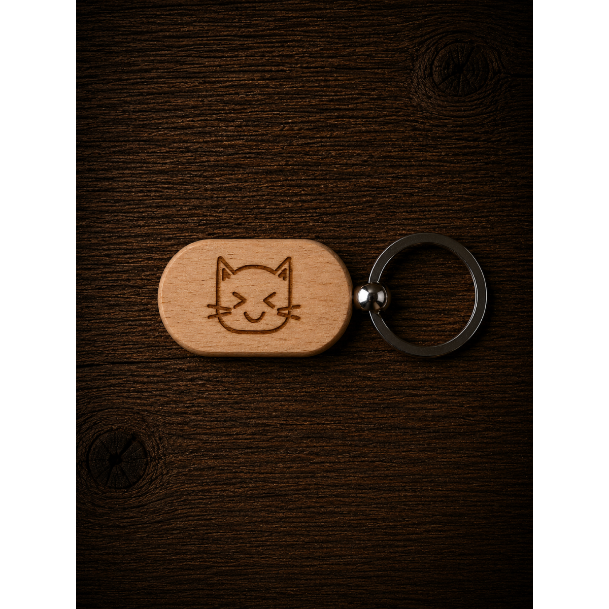 Houten sleutelhanger met lasergravure van een kat, een voorbeeld van een gepersonaliseerde sleutelhanger met eigen afbeelding.