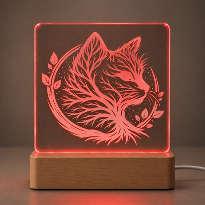Gepersonaliseerde kattenlamp van acryl met lasergravure en LED-verlichting, een origineel cadeau voor kattenliefhebbers.