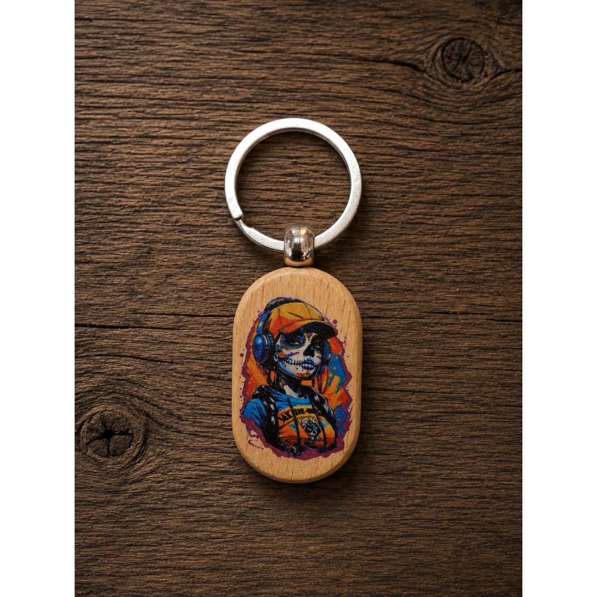 Gepersonaliseerde houten sleutelhanger met kleuren UV-print van een illustratie of bedrijfslogo .