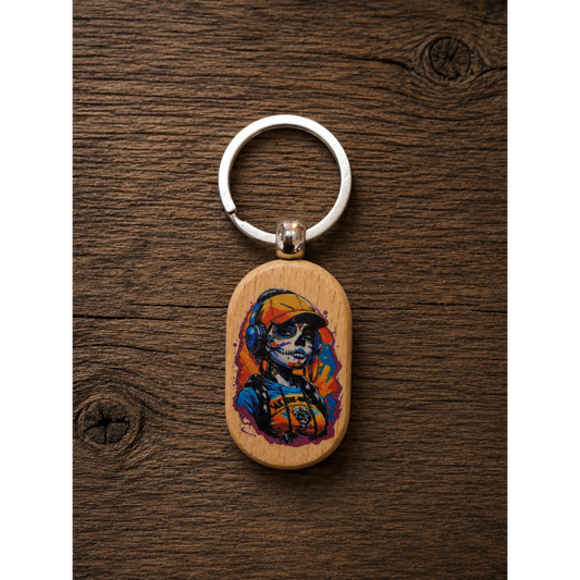 Gepersonaliseerde houten sleutelhanger met kleuren UV-print van een illustratie of bedrijfslogo .