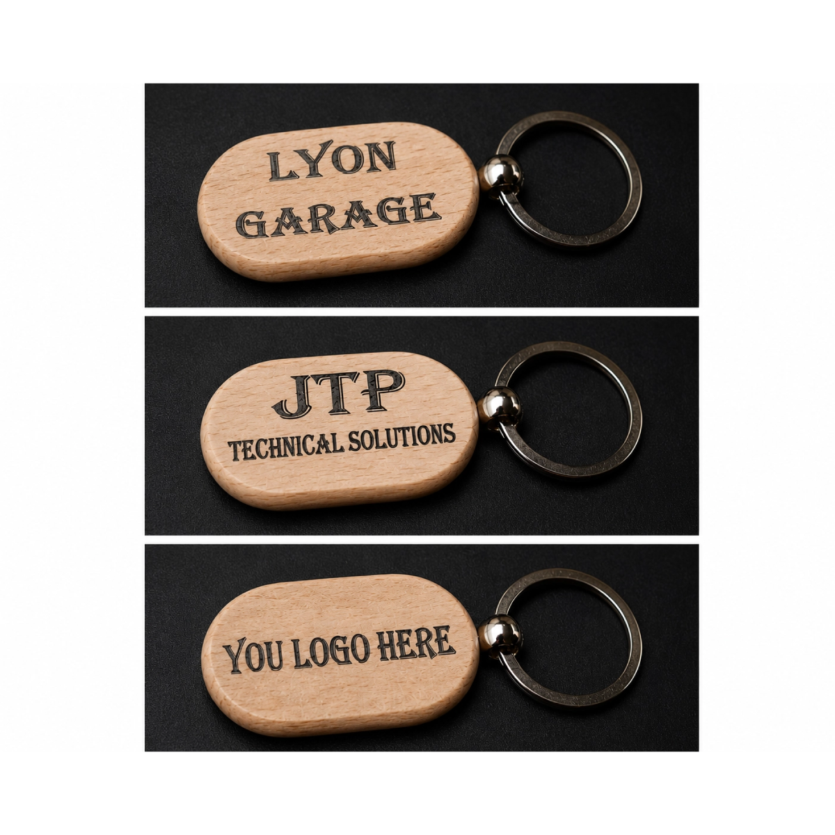 Gepersonaliseerde houten sleutelhangers met UV-geprint bedrijfslogo of eigen tekst, geschikt als persoonlijk cadeau of relatiegeschenk.