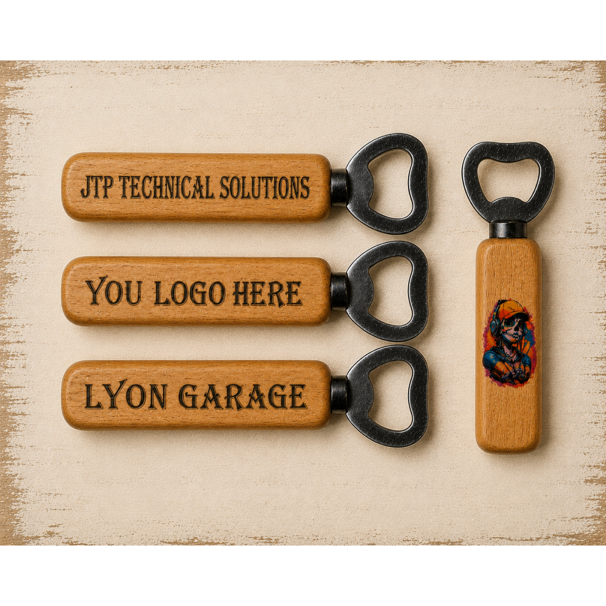 Houten flesopener gepersonaliseerd met een eigen logo, naam, tekst of kleurrijke afbeelding via UV-print.