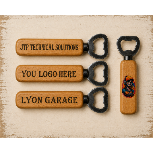 Houten flesopener gepersonaliseerd met een eigen logo, naam, tekst of kleurrijke afbeelding via UV-print.