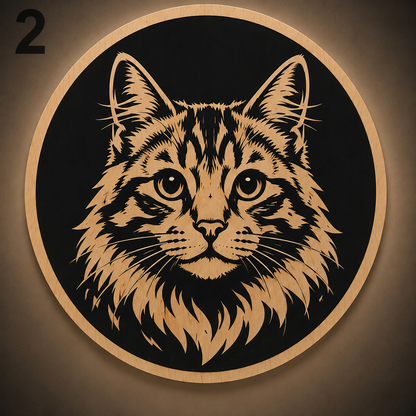 Ronde 2D wanddecoratie met kat, gemaakt van lasergesneden multiplex en met de hand geschilderd – model 2.