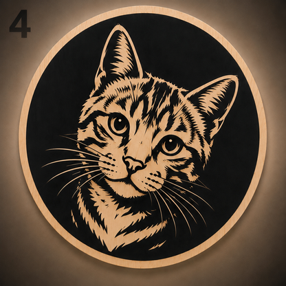 Ronde kattenwanddecoratie van multiplex met een lasergesneden kattenmotief en handgeschilderde afwerking – model 4.