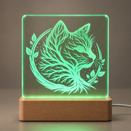 Lasergegraveerde acryl LED-lamp met kattenmotief, houten LED-voet en verlichting in 7 verschillende kleuren.