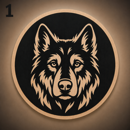 Ronde houten hondenwanddecoratie met een Duitse herder, nauwkeurig lasergesneden uit multiplex en met de hand geschilderd.