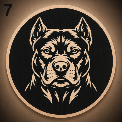Ronde 2D hondenwanddecoratie van multiplex met een rottweiler, nauwkeurig lasergesneden en handgeschilderd.